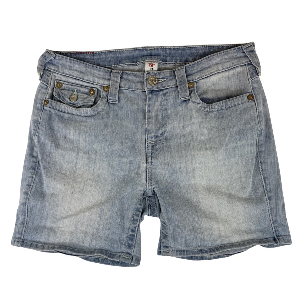 True Religion Denim Shorts Womens 31 Light Blue Curvy Short Flap Dawn Light